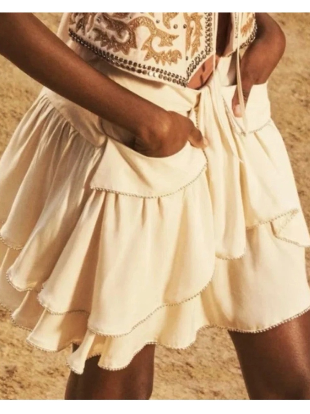 ZARA STUDIO | Ecru Viscose Ruffled Pocket Skirt with Beaded Trim